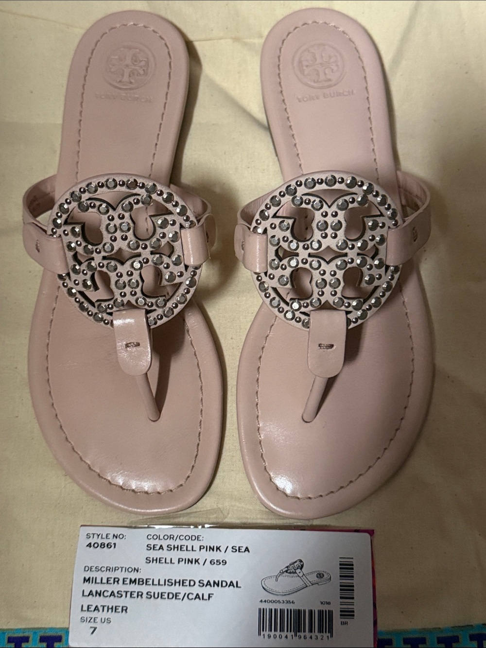 Tory Burch Shell Pink Miller Studded Leather Thong Sandal